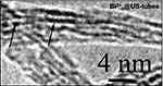 electron microscope image shows bismuth ions (dark lines) sitting inside carbon nanotubes.